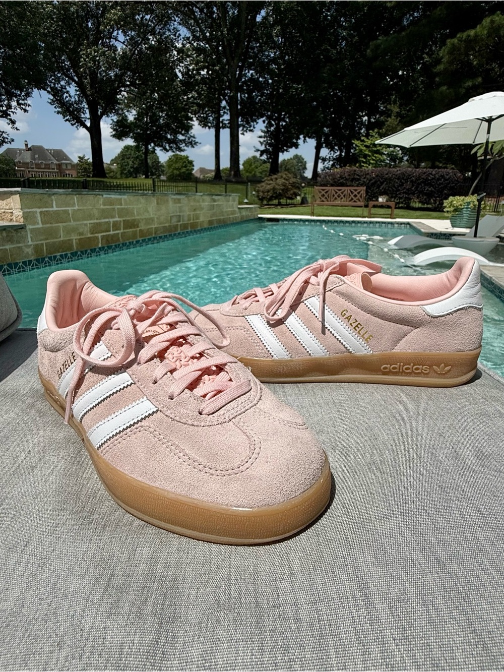 Adidas Pink Suede Gazelle Sneakers with White Stripes and gum sole